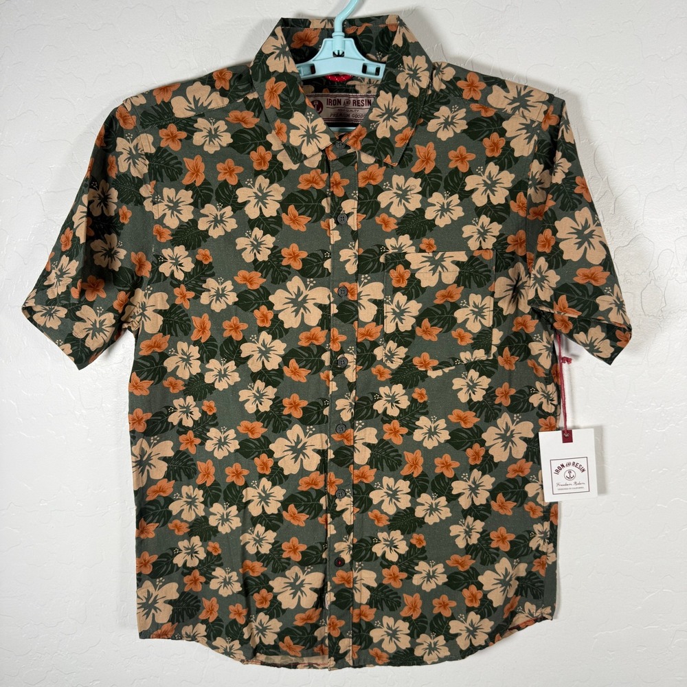 Iron and Resin Shirt Mens Medium Green Rogers Floral Hemp Cotton Hawaiian Button